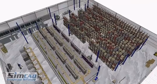 Simcad Pro 3D model of a dynamic warehouse with racking and picking aisles