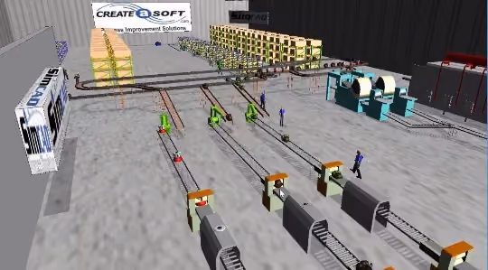 Simcad Pro 3D model of a manufacturing robot cell