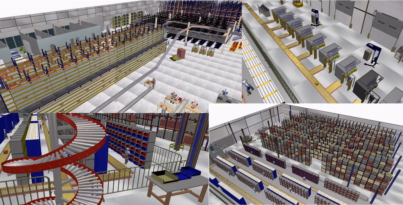 Four Simcad Pro 3D simulation views: warehouse racking, conveyor lines, a spiral conveyor and a manufacturing floor